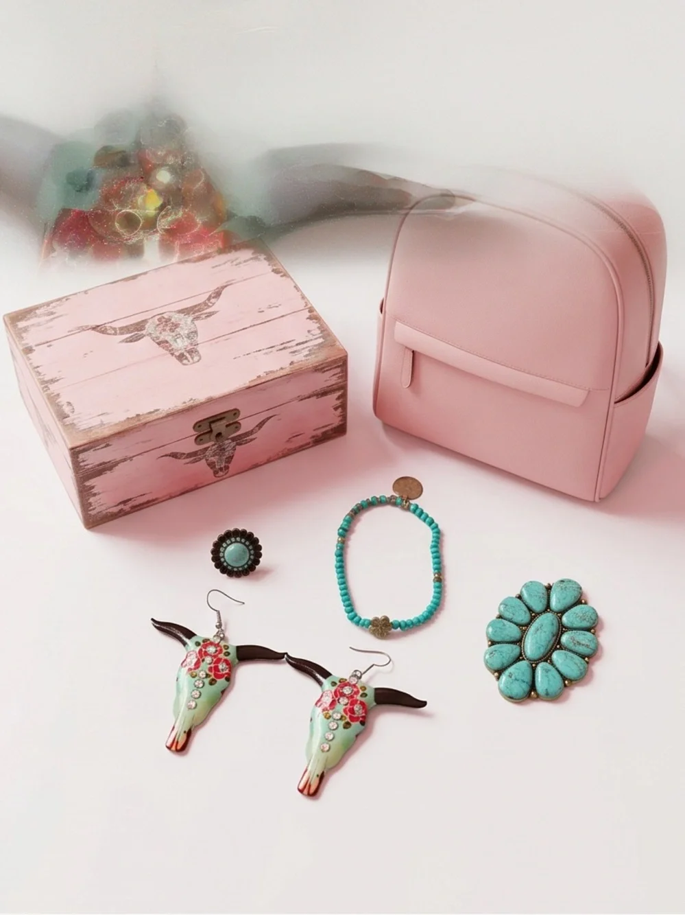 3 Pc Southwestern longhorn skull earrings, ring, and bracelet jewelry bundle